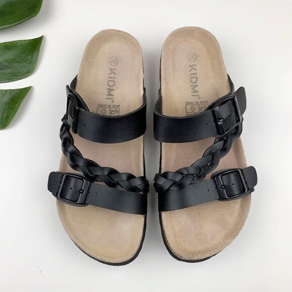 kidmi Shoes - Kidmi Sandals Slip On Strappy Black Faux Leather Comfort Shoes Women's 37 US 7